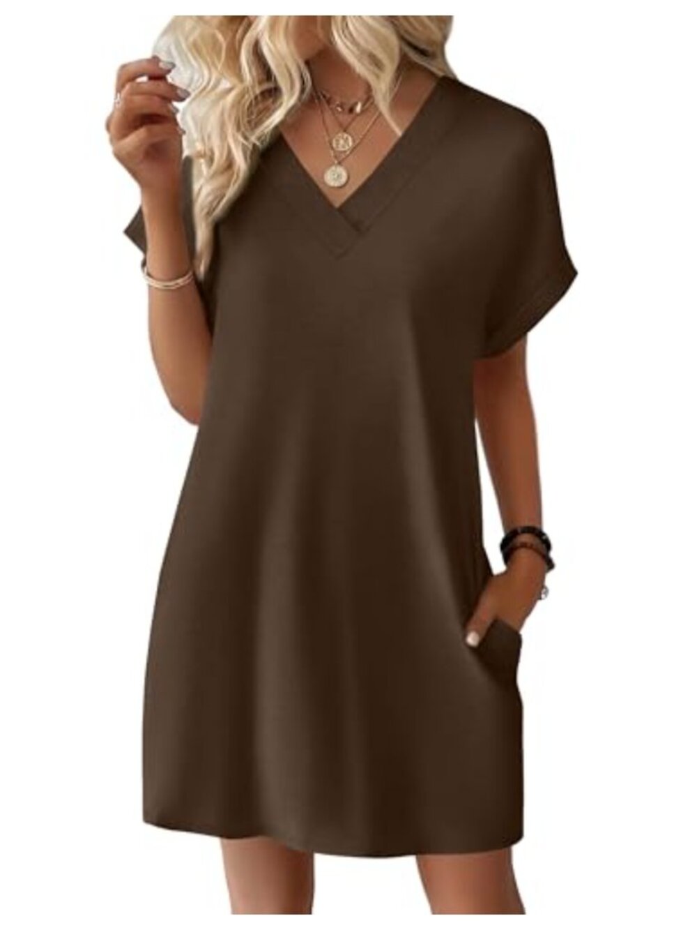 Women's Casual Summer T-Shirt Dress V-Neck Short Rolled Sleeve Beach Cover-Up